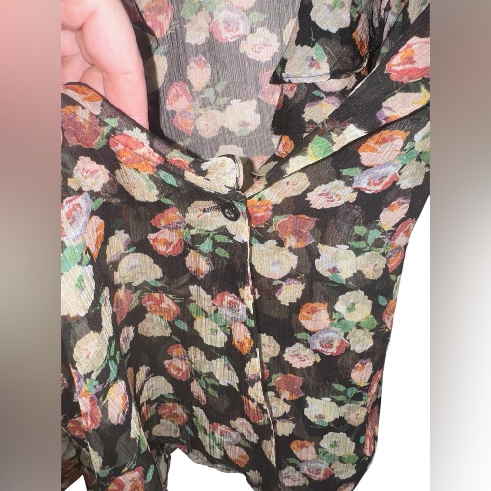 Lauren Ralph Lauren Sheer Floral Ruffle Blouse XL – Romantic Black Rose Print - Picture 7 of 9
